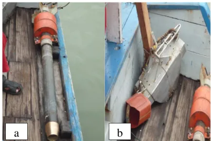 Gambar 8. Peralatan sampling sedimen pada kapal survei PPPGL; (a)gravity core,  (b) grab sampler 