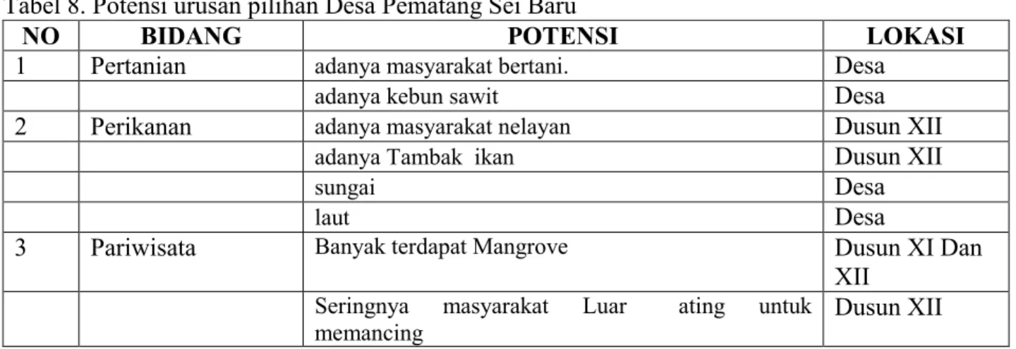 Tabel 8. Potensi urusan pilihan Desa Pematang Sei Baru 