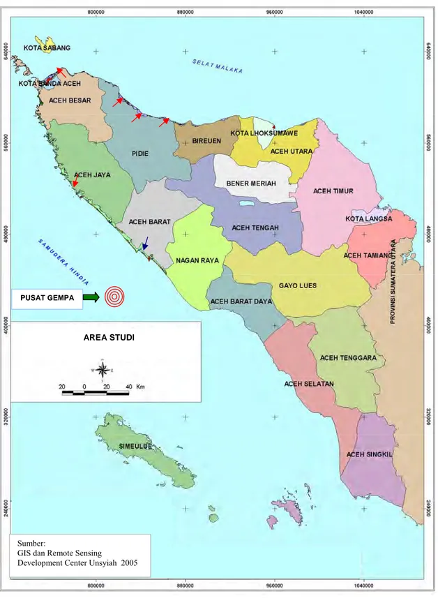 Gambar 1. Peta area studi di kawasan Pantai Timur dan Pantai Barat Nanggroe Aceh  Darussalam