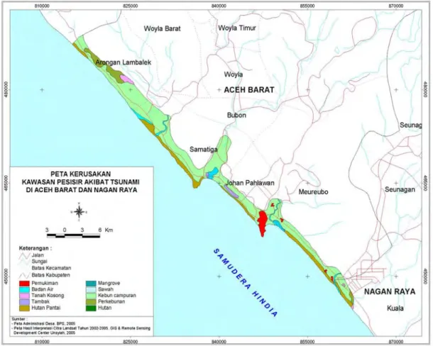 Gambar 3  Peta kerusakan kawasan pesisir akibat tsunami  di  Kabupaten          Aceh Barat