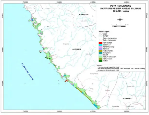 Gambar 4  Peta kerusakan kawasan pesisir akibat tsunami  di  Kabupaten           Aceh Jaya  