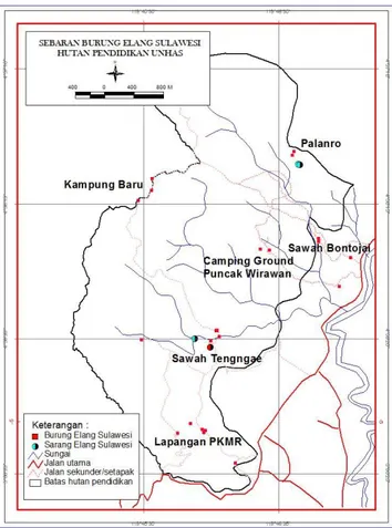 Gambar 1. Peta sebaran Burung Elang Sulawesi di Hutan Pendidikan Unhas. 