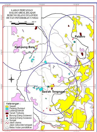 Gambar 3.  Peta  Lahan  Pertanian Dalam  Areal Jelajah  Burung Elang Sulawesi  di  Hutan Pendidikan Unhas 