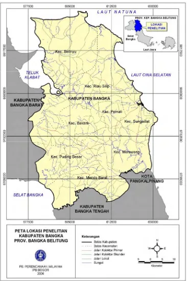 Gambar 1  Peta  lokasi  penelitian  Kabupaten  Bangka  Provinsi  Kepulauan          Bangka Belitung