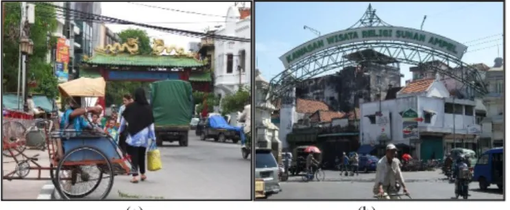 Gambar  4.    Beberapa  Daya  Tarik  Wisata  Budaya  di  Kota  Surabaya,  Kawasan Pecinan (a) dan Kawasan Ampel (b) 