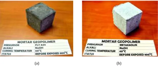 Gambar  1  menyajikan  tampilan  visual  contoh  benda  uji  mortar  geopolimer  abu  terbang  dan  metakaolin  untuk  pengukuran  kuat  tekan,  yakni  yang  dihasilkan  dengan  menggunakan  aktivator  NaOH  dan  pematangan  pada  temperatur  60  o C