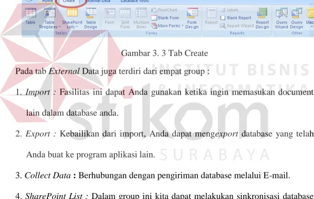 Gambar 3. 3 Tab Create  Pada tab External Data juga terdiri dari empat group :  