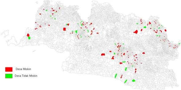 Gambar 24 memperlihatkan batas desa di Jawa Barat  beserta lokasi ke-167  desa miskin/tidak miskin berdasarkan Santoso A(2000)