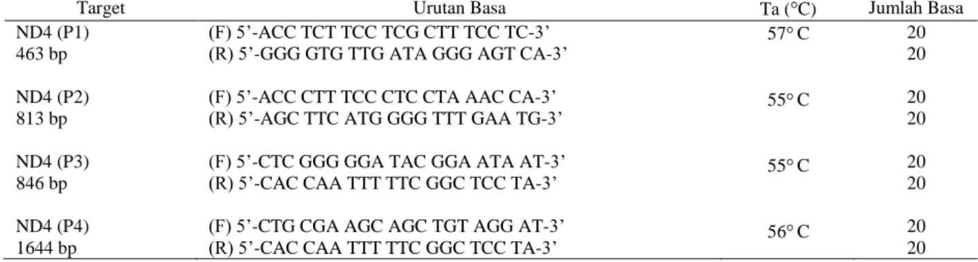 Tabel 1. Urutan basa dan suhu penempelan primer untuk mengamplifikasi gen ND4 Tarsius sp