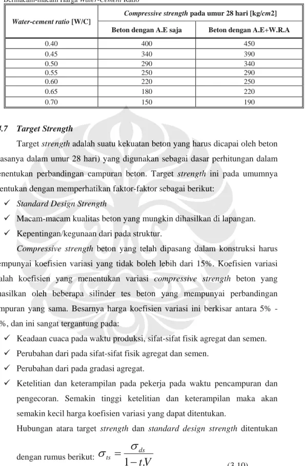 Tabel III.7 Harga-harga Compressive  Strength Minimum Rata-Rata Dari Beton Untuk  Bermacam-macam Harga Water-Cement Ratio 