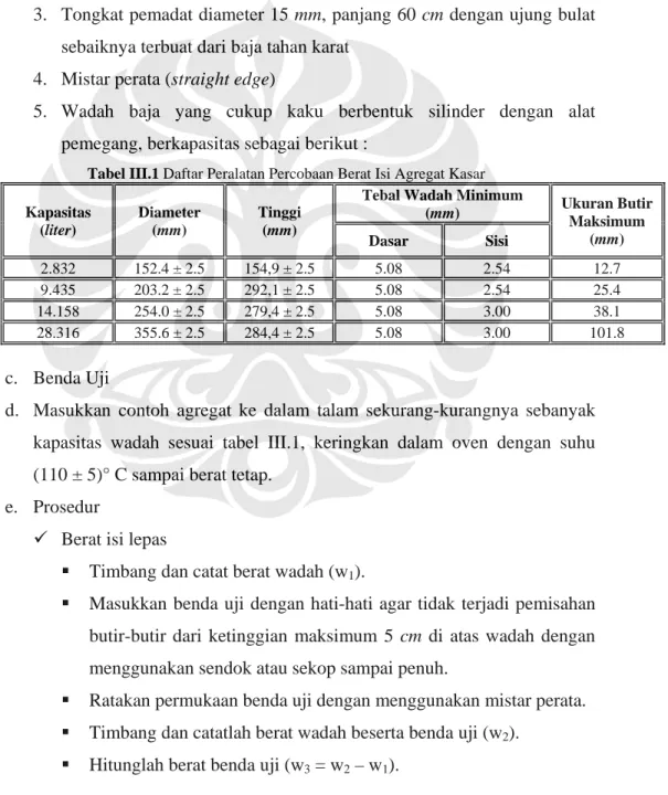 Tabel III.1 Daftar Peralatan Percobaan Berat Isi Agregat Kasar  Kapasitas  (liter)  Diameter (mm)  Tinggi (mm) 