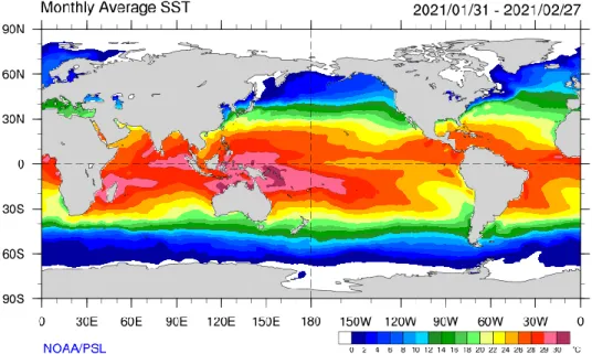 Gambar 6. Rata-rata Suhu Muka Laut Februari 2021  (Sumber: https://psl.noaa.gov/map/images/sst/sst.month.gif )