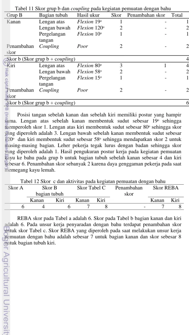 Tabel 12 Skor  c dan aktivitas pada kegiatan pemuatan dengan bahu  Skor A  Skor B 