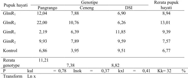 Tabel  5.  Pengaruh  genotipe  dan  pupuk  hayati  terhadap  kolonisasi  akar  oleh  CMA  (% 