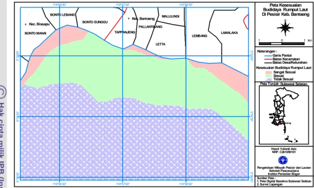 Gambar  29  Peta  kesesuaian lahan budidaya rumput laut di wilayah pesisir  Kecamatan Bantaeng dan Kecamatan Bissapu,  Kabupaten  Bantaeng