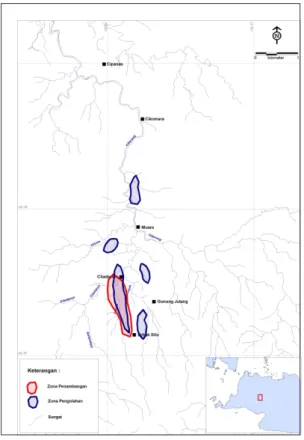 Gambar 3.  Peta lokasi zona penambangan dan pengolahan daerah Cisoka