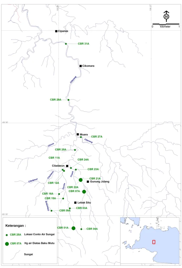 Gambar 4. Peta lokasi conto dan anomali unsur Hg dalam air sungai Daerah Cisoka Kab. Lebak, Provinsi Banten
