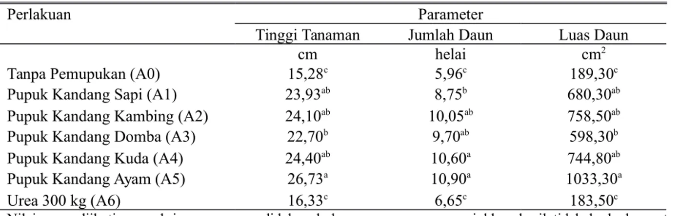 Tabel 1 menunjukkan bahwa tinggi tanaman perlakuan pupuk kandang sapi, kambing, domba, kuda,   dan   ayam   berbeda   nyata   (p&lt;0,05)   lebih tinggi   dibandingkan   dengan   perlakuan   tanpa pemupukan dan urea 300 kg/ha