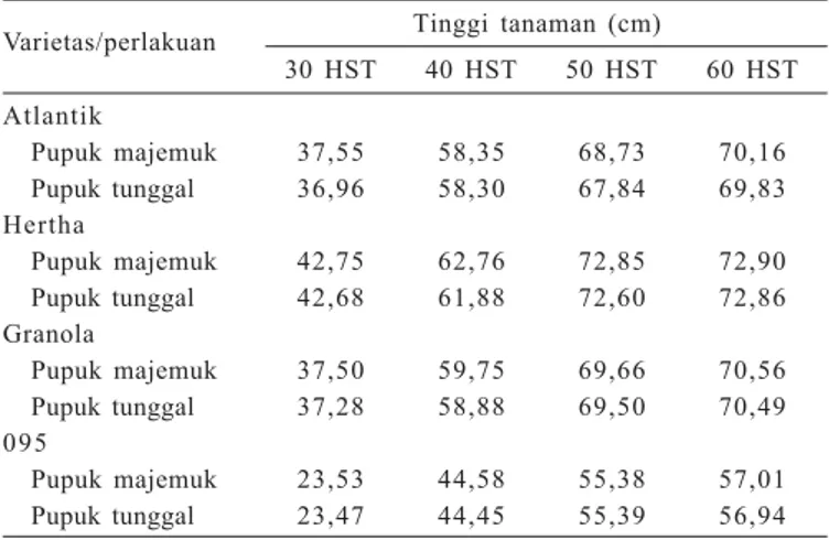 Tabel 2. Tinggi  tanaman empat varietas kentang dengan dua jenis pupuk, Temanggung, 2004/2005