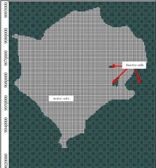 Gambar 4. Rancangan grid  model beda terbatas CAT  Denpasar-Tabanan. 