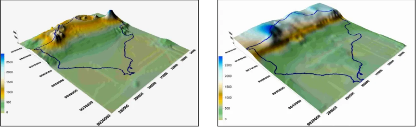Gambar  5. Model 3D elevasi permukaan tanah.  Gambar 7. Model 3D kedudukan bagian bawah Layer 2  (sistem akuifer Formasi Palasari)