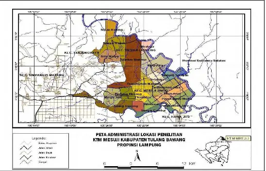 Gambar 4 Peta Administrasi Wilayah Penelitian di Wilayah Perencanaan KTM Kawasan Transmigrasi Mesuji Kabupaten Tulang Bawang Lampung 