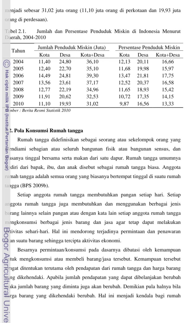 Tabel 2.1.  Jumlah  dan  Persentase  Penduduk  Miskin  di  Indonesia  Menurut  Daerah, 2004-2010  
