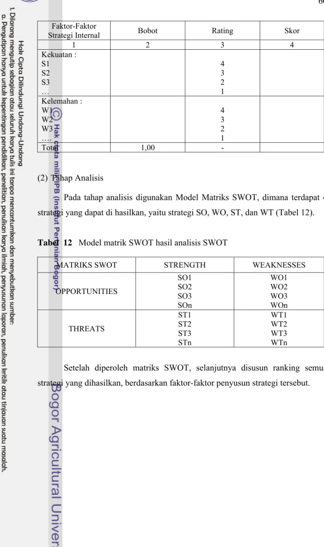 Tabel  12    Model matrik SWOT hasil analisis SWOT 