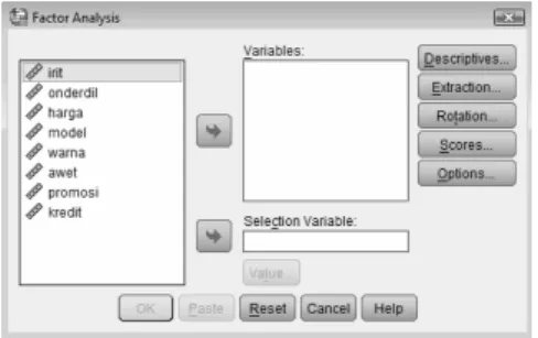 Gambar 3.6. Kotak dialog Factor Analysis  Pengisian: 