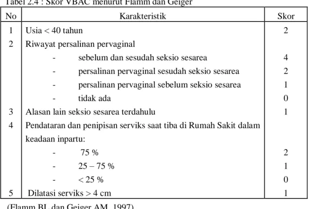 Tabel 2.4 : Skor VBAC menurut Flamm dan Geiger  No  Karakteristik  Skor  1  2              3  4              5  Usia &lt; 40 tahun 
