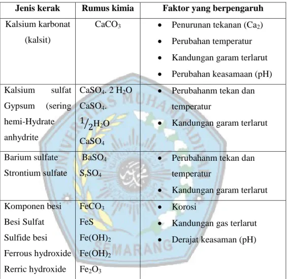 Tabel 2.2 Endapan Kerak Yang Umum Terdapat di Ladang Minyak  Jenis kerak  Rumus kimia  Faktor yang berpengaruh  Kalsium karbonat 