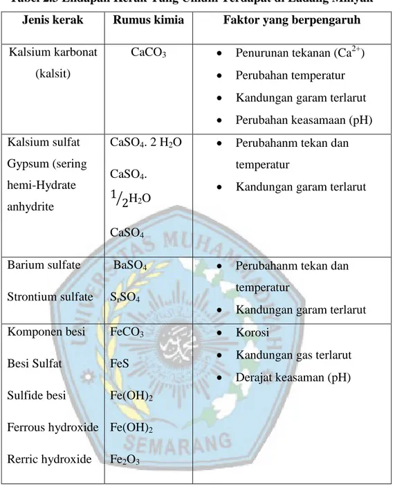 Tabel 2.3 Endapan Kerak Yang Umum Terdapat di Ladang Minyak  Jenis kerak  Rumus kimia  Faktor yang berpengaruh  Kalsium karbonat 