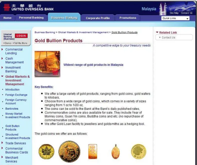Gambar 7 : Laman web UOB Bank berkenaan produk emas fizikal. 