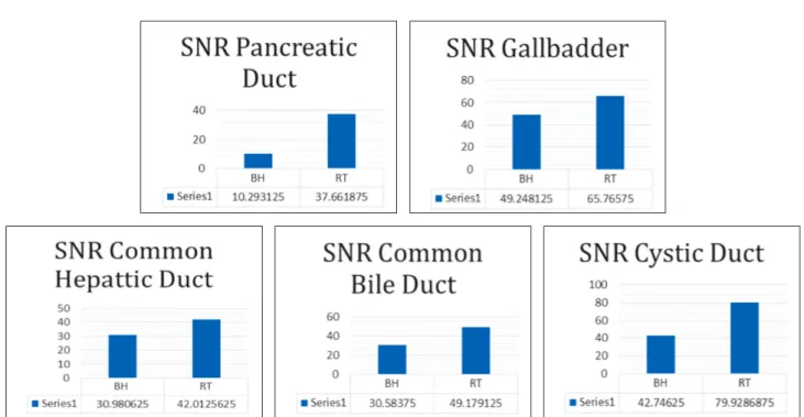 Gambar 3.  SNR berbagai organ saat pemeriksaan MRCP dengan dua teknik