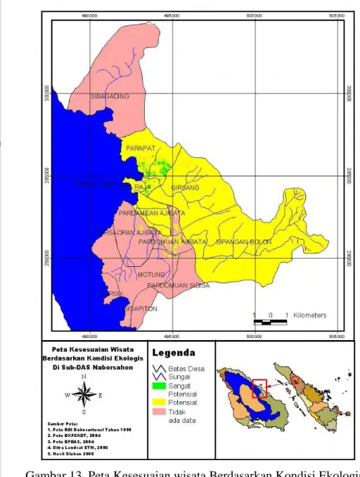 Gambar 13. Peta Kesesuaian wisata Berdasarkan Kondisi Ekologis  di Sub DAS Naborsahon