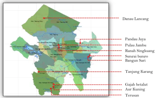 Gambar 1. Peta sebaran 10 desa lokus stunting Tahun 2019  di Kabupaten Kampar  Desa  lokus  stunting  di  Kabupaten  Kampar  ditetapkan  pada  2019  oleh  Tim  Nasional  Percepatan  Penanggulangan  Kemiskinan  (TNP2K)  dan  Kementrian  Koordinator  Bidang 