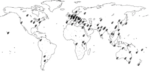 Gambar 9. Distribusi gulma Vallisneria spiralis di seluruh dunia (Leroy et al.1997) 