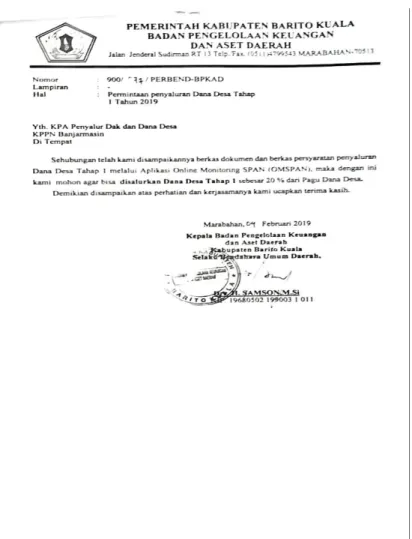 Gambar 4.3 Surat Permintaan Penyaluran Dana Desa  Sumber: KPPN Banjarmasin 