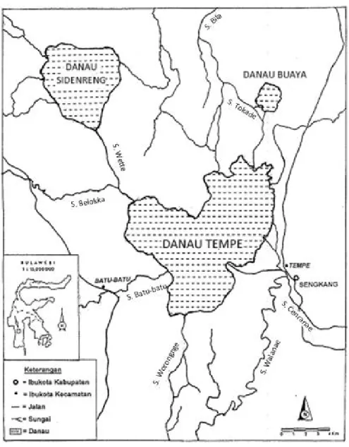 Gambar 2. Peta lokasi Danau Tempe, Danau Sidenreng dan Danau Buaya (Saleh, 1998)