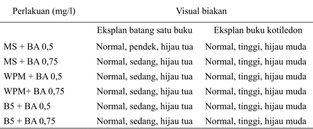 Tabel 5.  Visual biakan dari perlakuan media berbeda