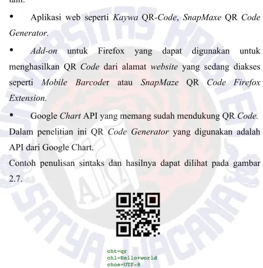 Gambar 2.5 Contoh Nilai dari Parameter pada Sintaks dan Hasil QR Code  Sumber : Google Inc, 2011 