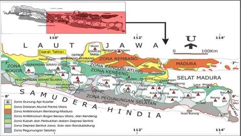 Gambar 2.1 Fisiografi bagian tengah dan timur Pulau Jawa (Van Bemmelen, 1949)  Berdasarkan  gambar  2.1  daerah  Pegunungan  Selatan  Jawa  secara  fisiografi termasuk ke dalam lajur pegunungan selatan Jawa (Bemmelen, 1949),  sedangkan secara tektonik glob
