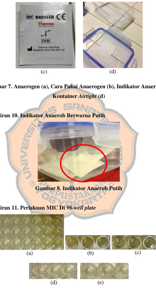 Gambar 7. Anaerogen (a), Cara Pakai Anaerogen (b), Indikator Anaerob (c),  Kontainer Airtight (d)  