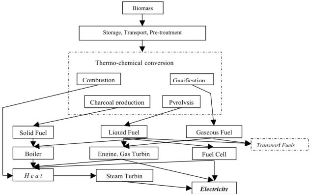 Gambar 2.  Mata rantai konversi biomassa menjadi Energi Panas, Listrik dan bahan bakar  kendaraan 