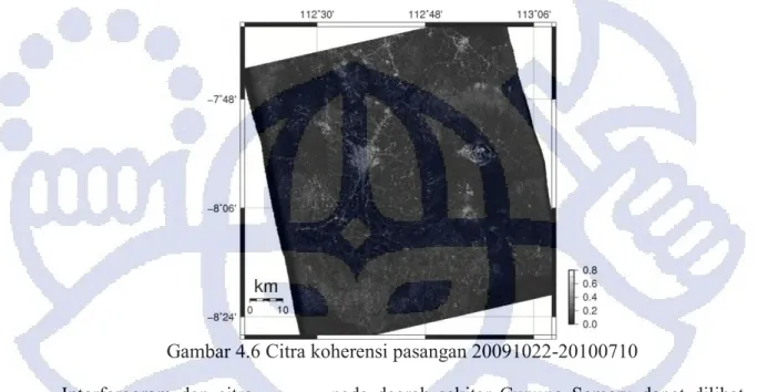 Gambar 4.7 Interferogram Gunung Semeru dan unwrap-nya pasangan 20091122- 20091122-20100710 (segitiga merupakan lokasi kawah gunung) 