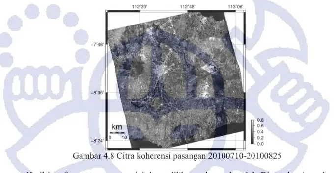 Gambar 4.9 Interferogram pasangan 20100710-20100825 (daerah di dalam lingkaran  menunjukkan lokasi gunung) 