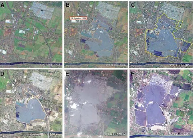 Gambar 4. Pilihan foto-foto satelit dari Oktober 2005 sampai Mei 2007 memperlihatkan pertumbuhan  progresif dari genangan Lusi