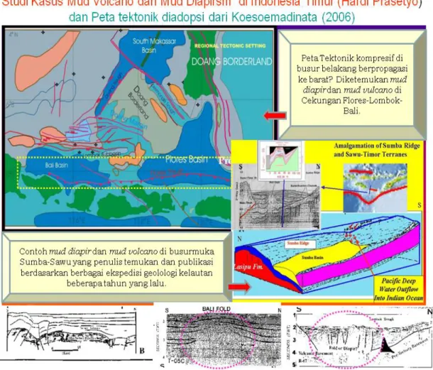 Gambar 39. Peta tektonik daerah transisi Indonesia Barat dan Indonesia Timur, memperlihatkan  struktur diapirism dan mud volcano yang telah diindentifikasikan selama penelitian geologi dan geofisika  di daerah lepas pantai