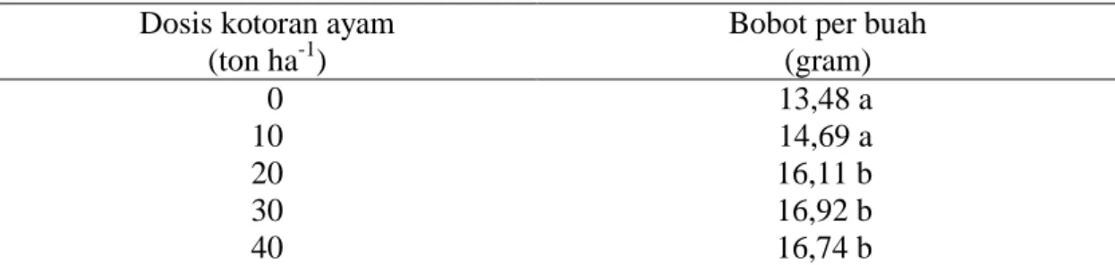 Tabel  5.  Bobot  per  buah  tanaman  okra  dengan  pemberian  berbagai  dosis  pupuk  kandang kotoran ayam 