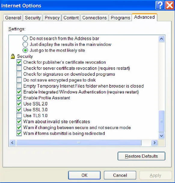 Gambar 25.5  Opsi penggunaan SSL pada fitur security   di dalam Internet Explorer. 